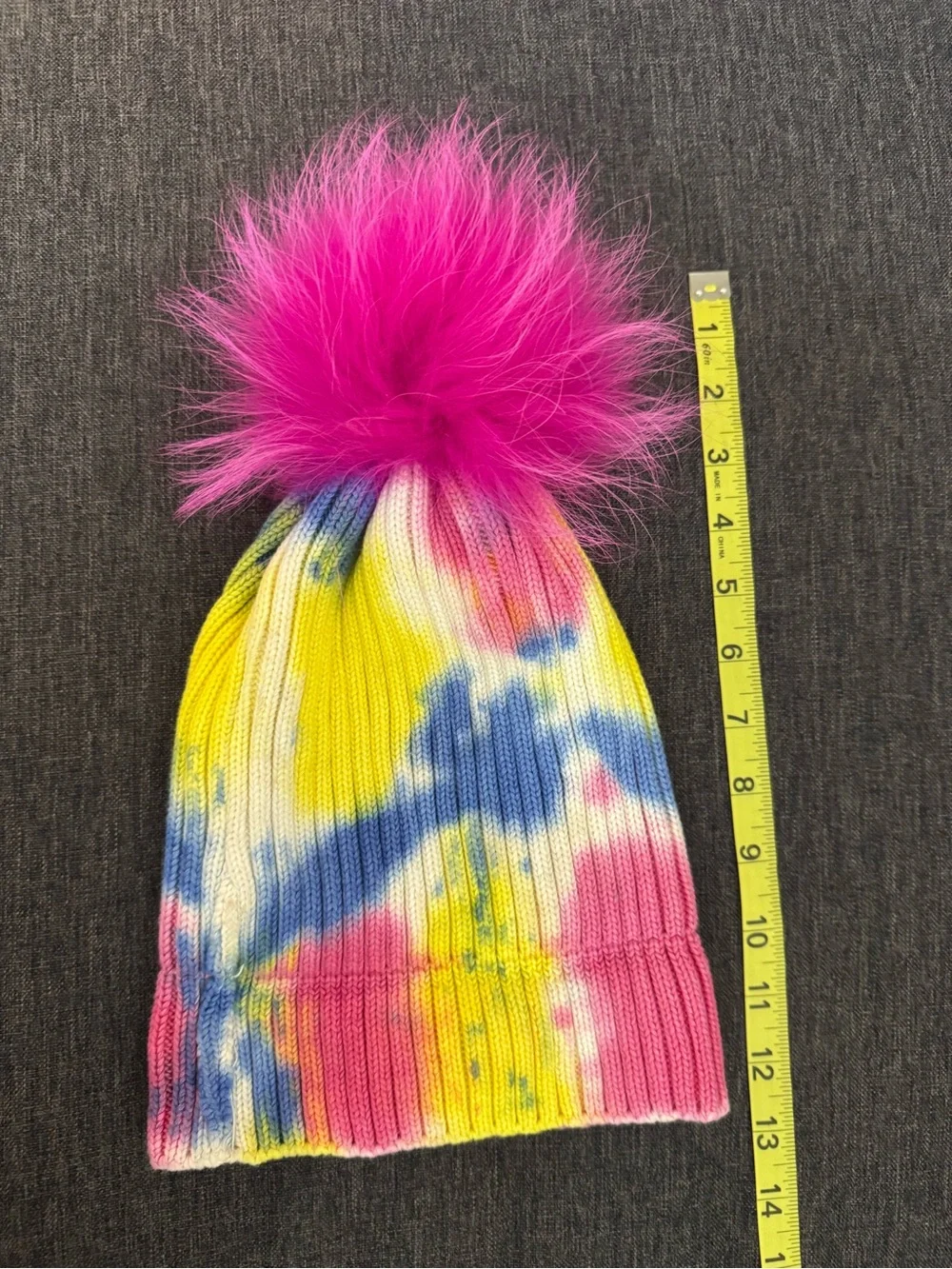 BARI LYNN  Girl's Rib Knit Tie-Dye Beanie with Faux  Fur Pompom